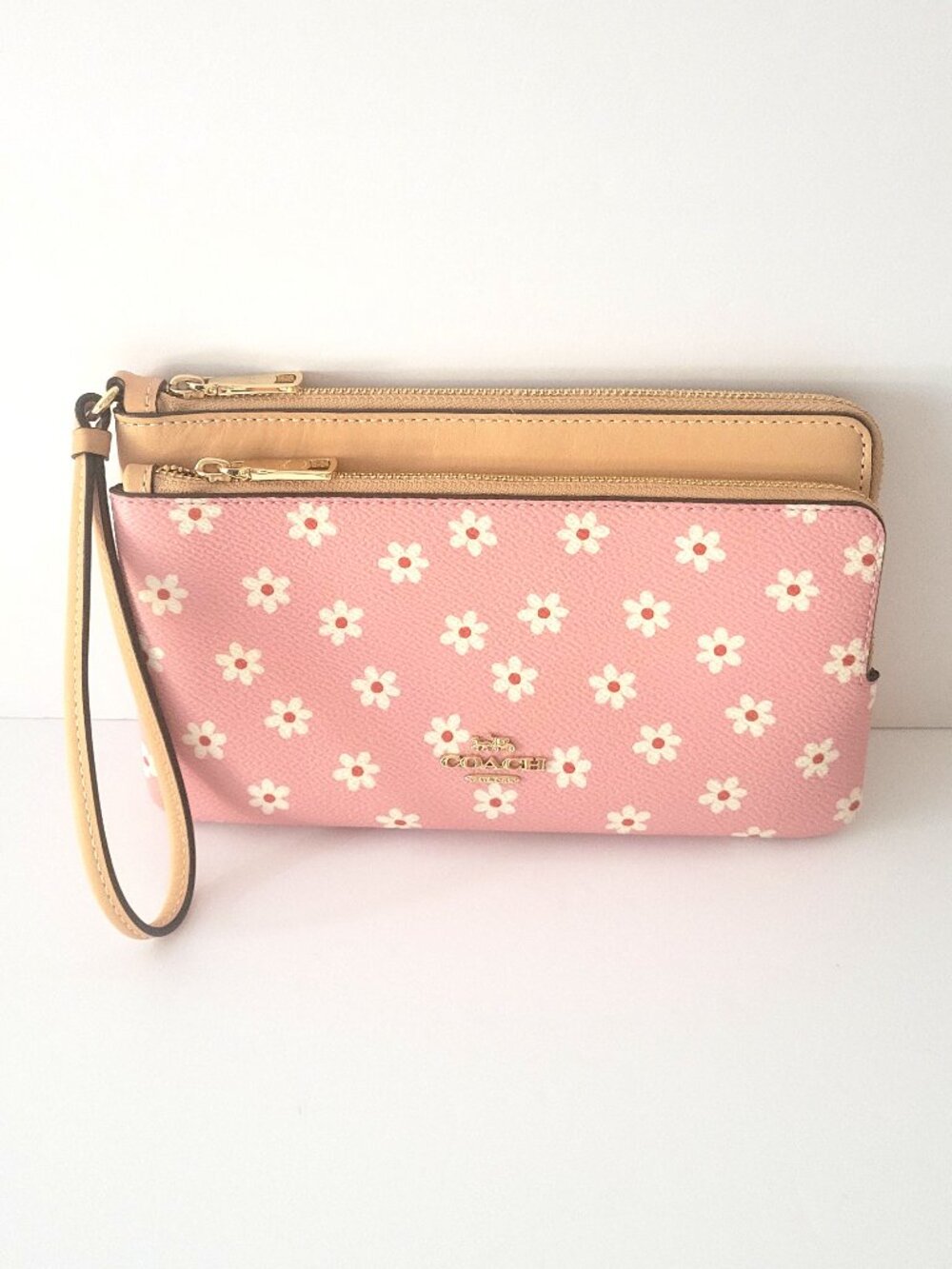 Coach CEY48 Double Zip Wallet Floral Coated Canvas Leather Wristlet Pink Clutch
